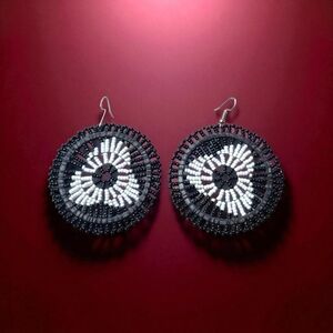 Handmade Black and white beaded circle earrings